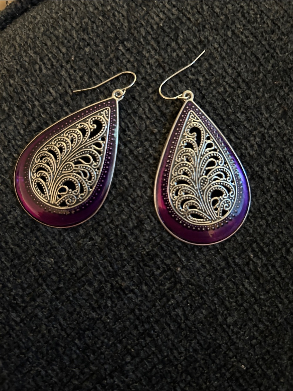 Purple Teardrop Filigree Dangle Earrings - Women Jewelry